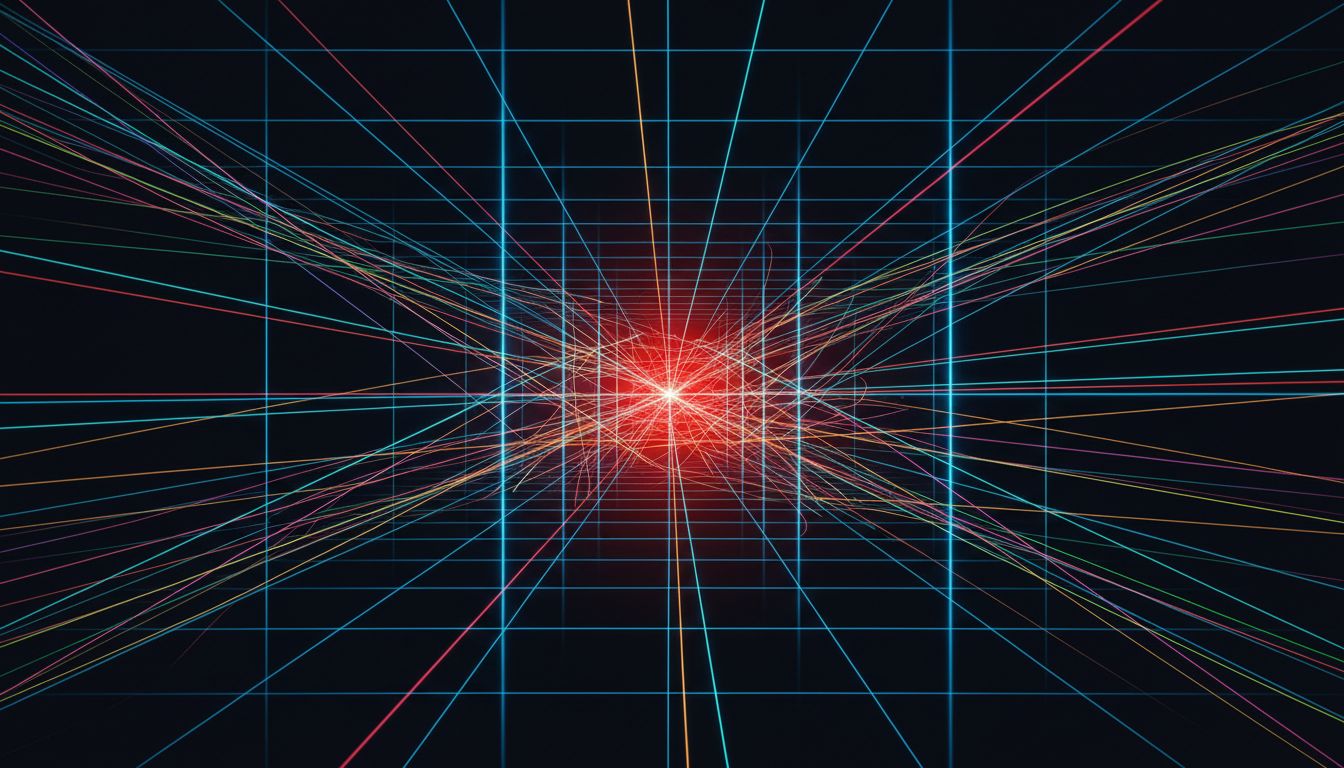 Abstract illustration of multiple intersecting thread paths with a single red collision point