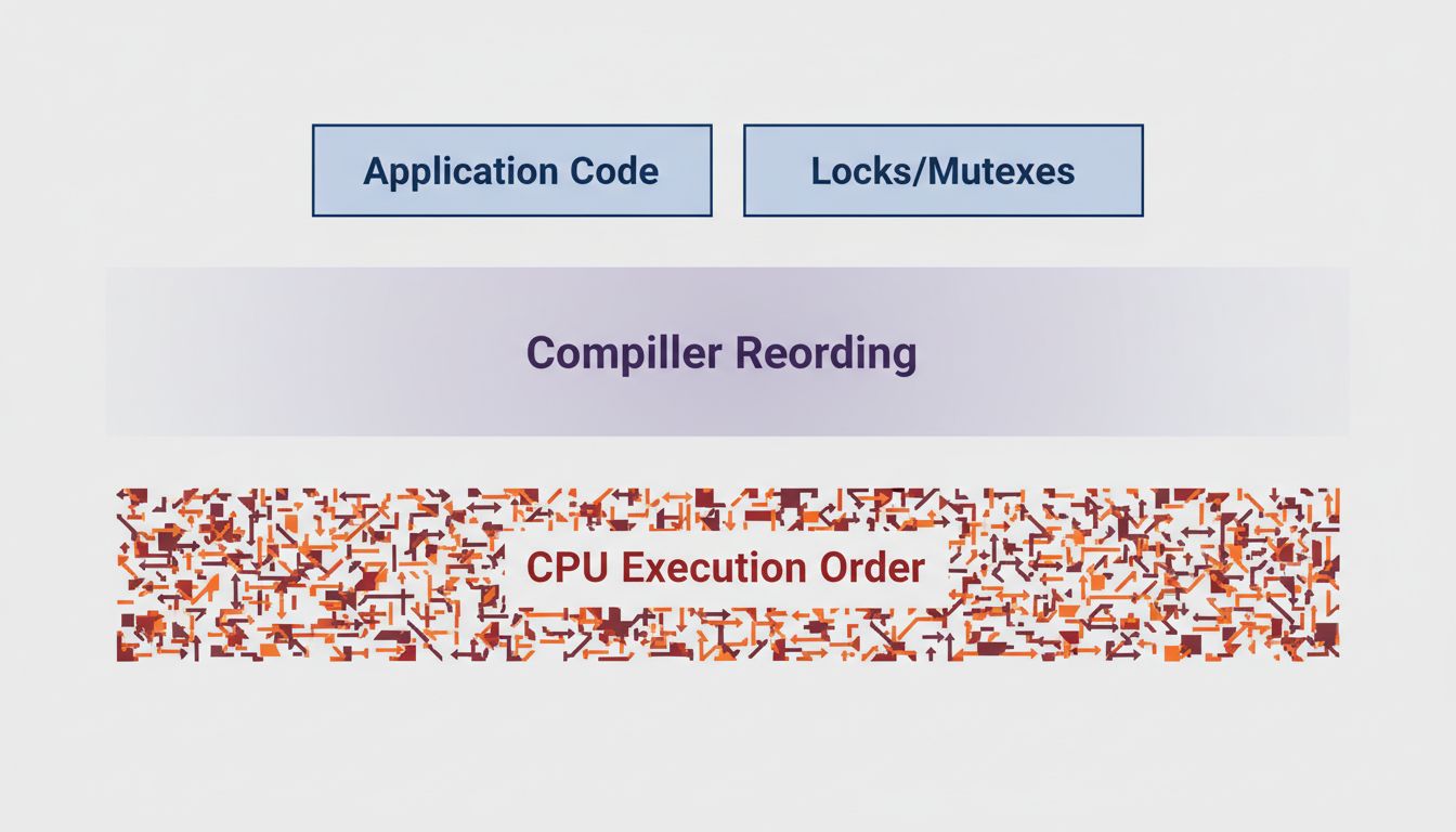 Diagram showing how clean application code sits above a chaotic CPU execution layer separated by compiler reordering