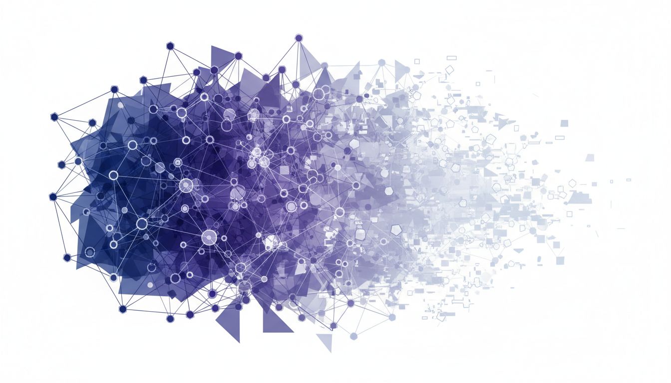 Abstract illustration of a mental model network becoming fragmented and corrupted on one side