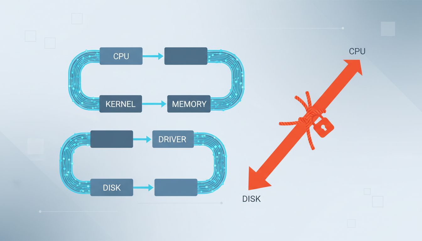 Diagram showing data taking a long path through CPU and memory during a file copy, while a direct hardware shortcut goes unused