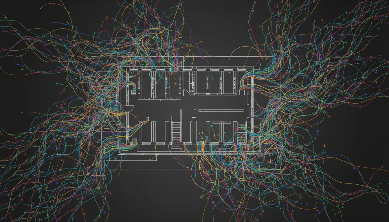 Architectural diagram overtaken by tangled dependency threads