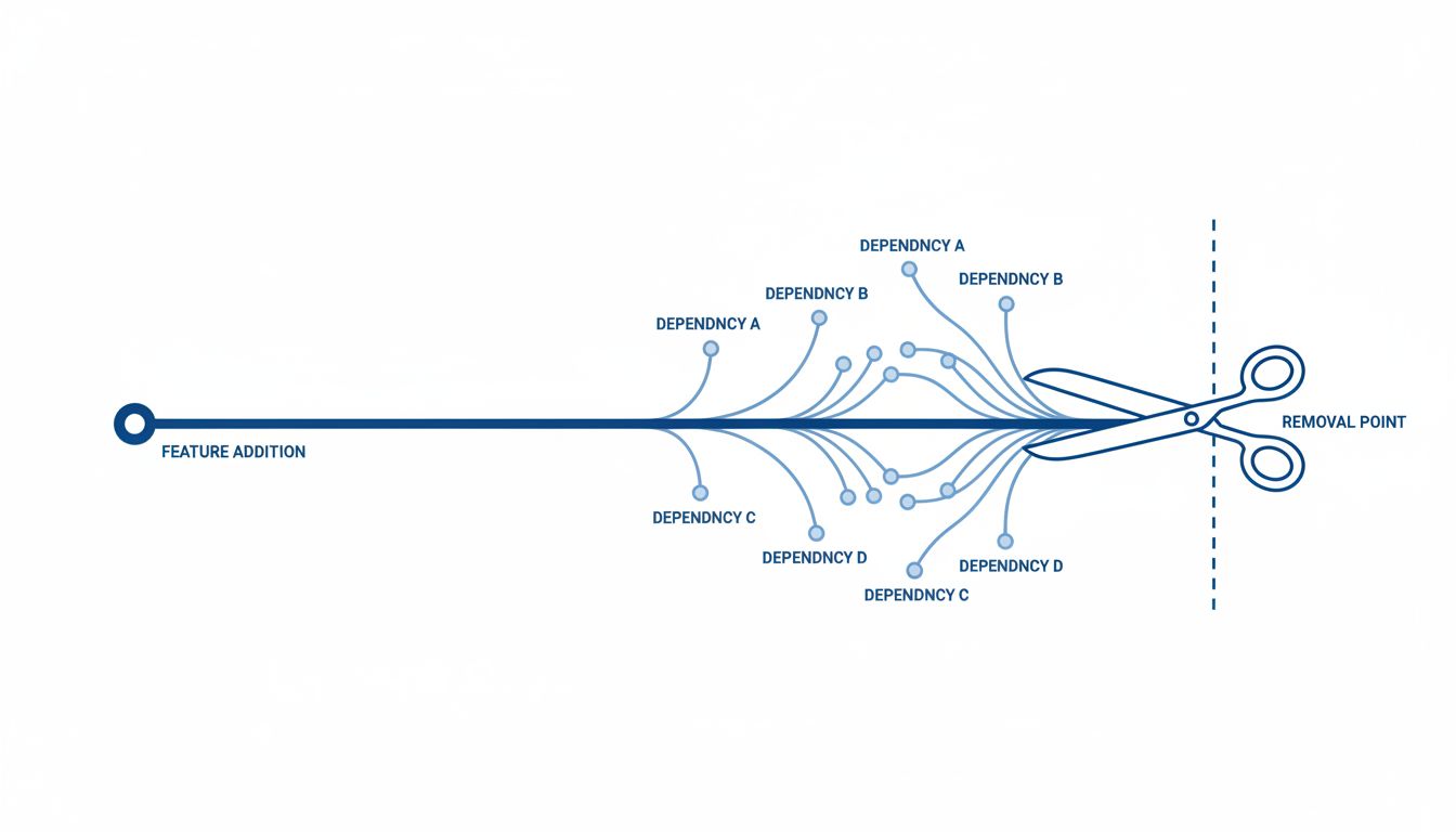Timeline diagram showing feature dependencies accumulating until removal requires cutting all branches at once