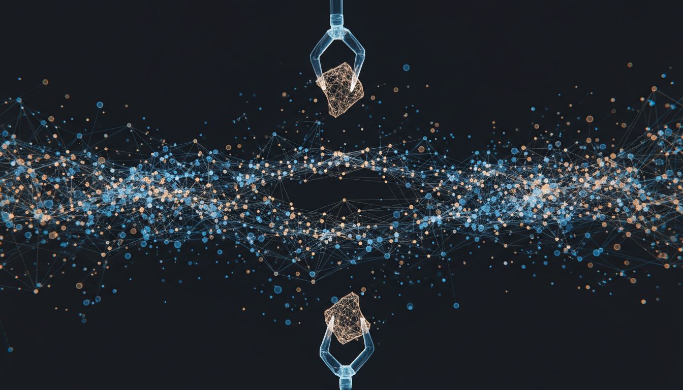 Abstract illustration of interconnected software dependency nodes with one being carefully removed, showing how the surrounding network reacts