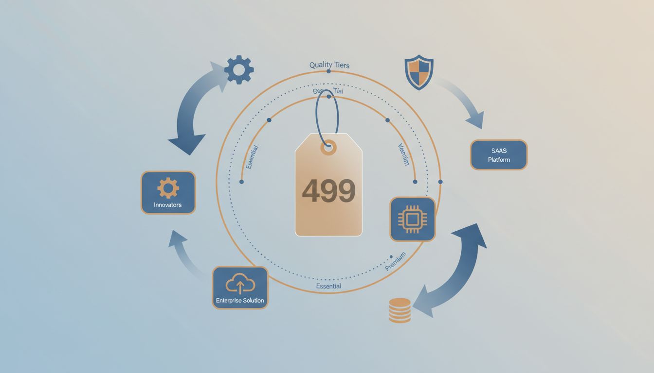 Abstract illustration of a price tag surrounded by positioning signals and customer category indicators