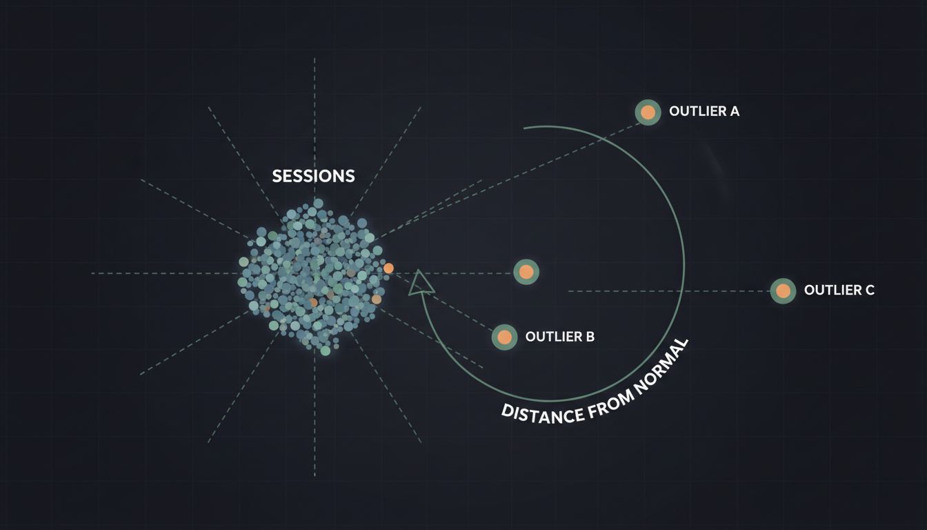 Diagram showing normal session clusters and anomalous outlier points in a vector space