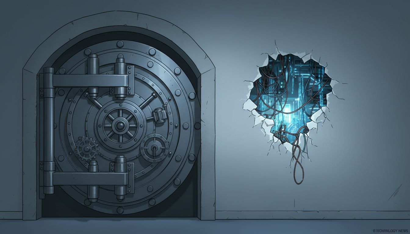 A secure vault door standing intact beside a compromised wall, illustrating that attackers bypass strong defenses rather than breaking them