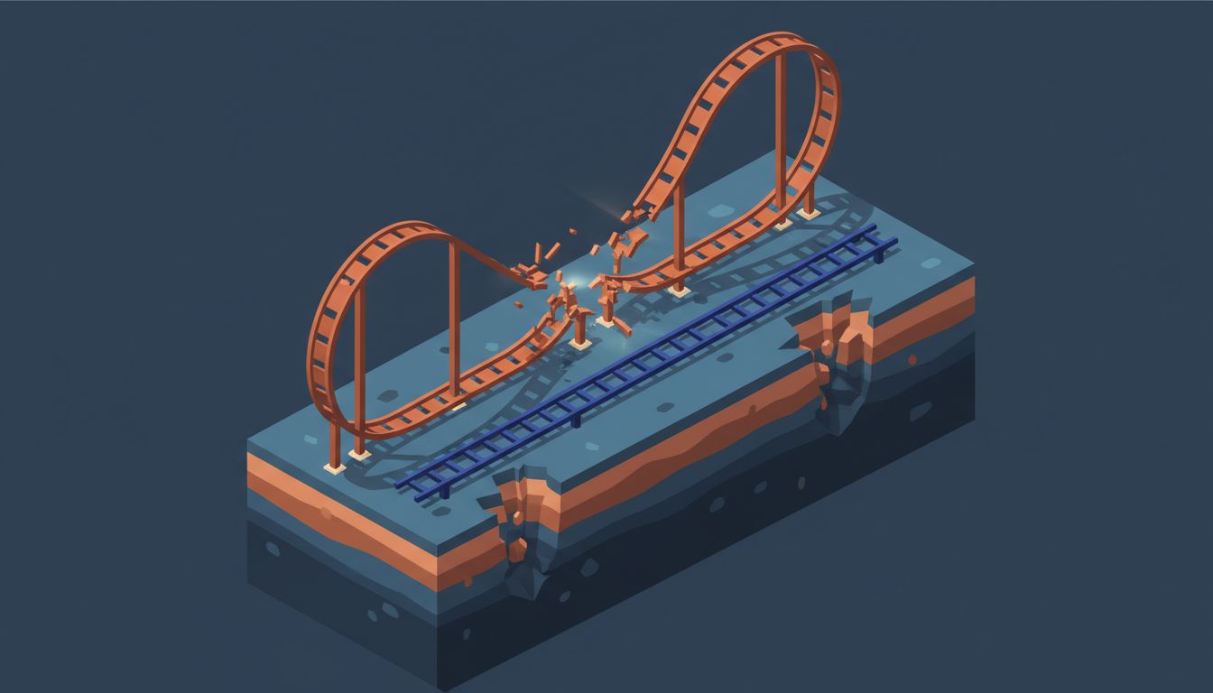Two roller coaster tracks representing fast growth and no growth, both ending at the same low point