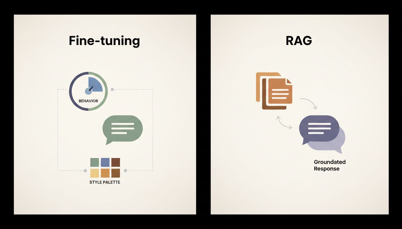 Diagram comparing fine-tuning as a behavior modifier versus RAG as a factual retrieval system