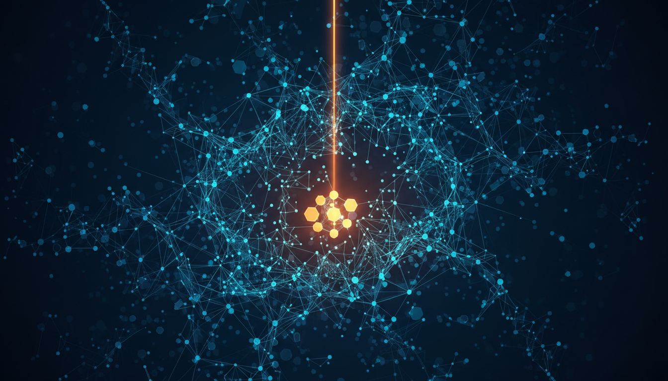 Abstract illustration of a broad neural network dimming as a narrow spotlight focuses on a small cluster of nodes