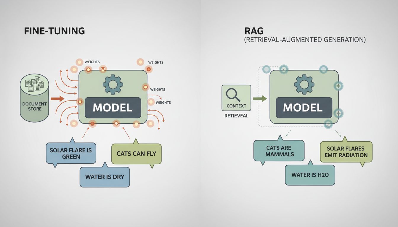 Diagram comparing fine-tuning architecture versus retrieval-augmented generation architecture