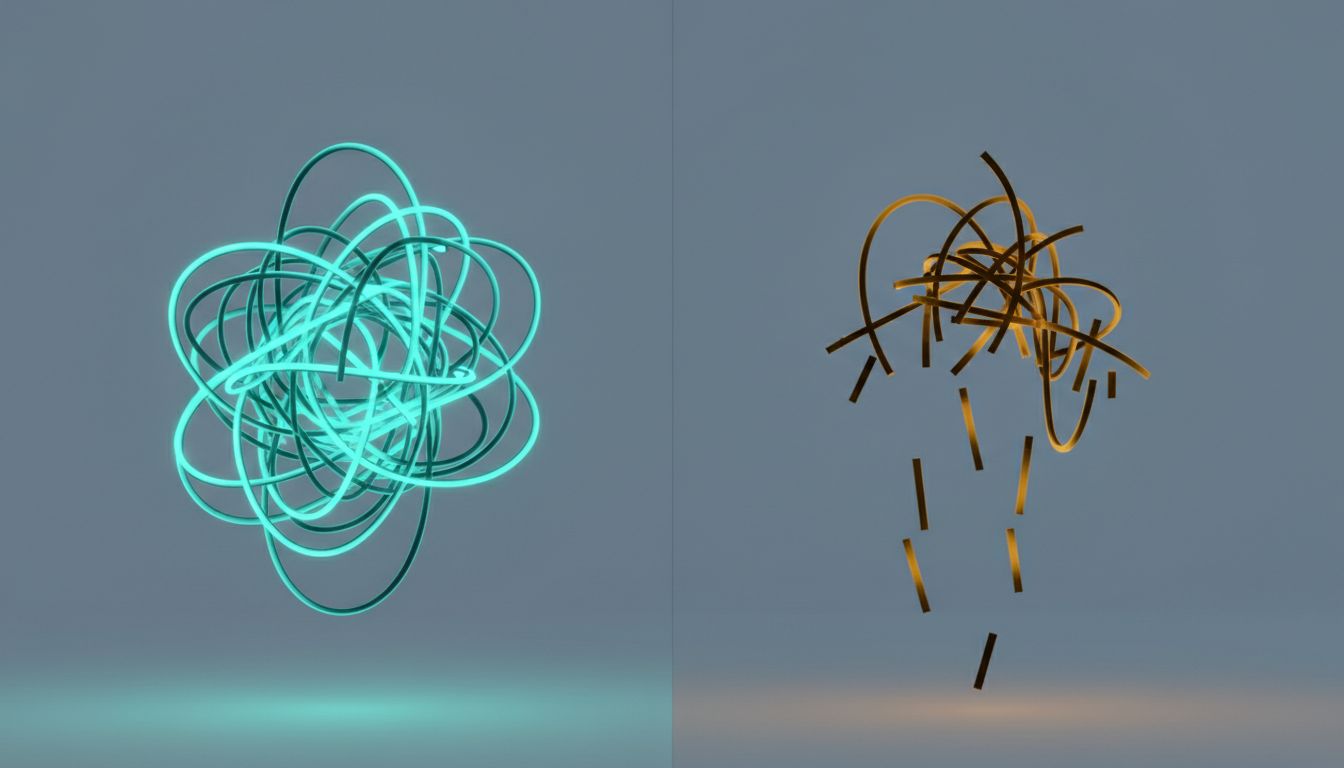 Abstract illustration contrasting open cognitive loops with closed, resolved ones