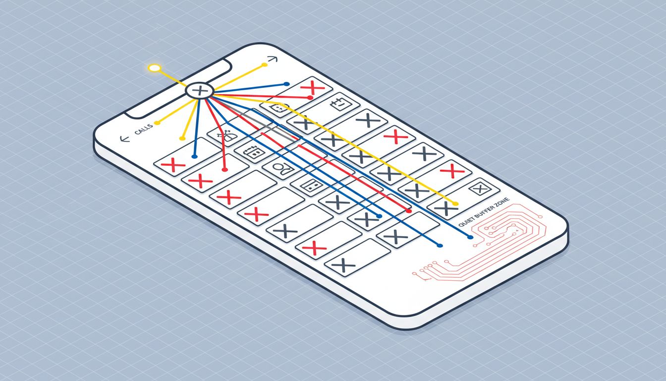 Stylized illustration of a phone's notification architecture with most channels silenced and only critical alerts routed through