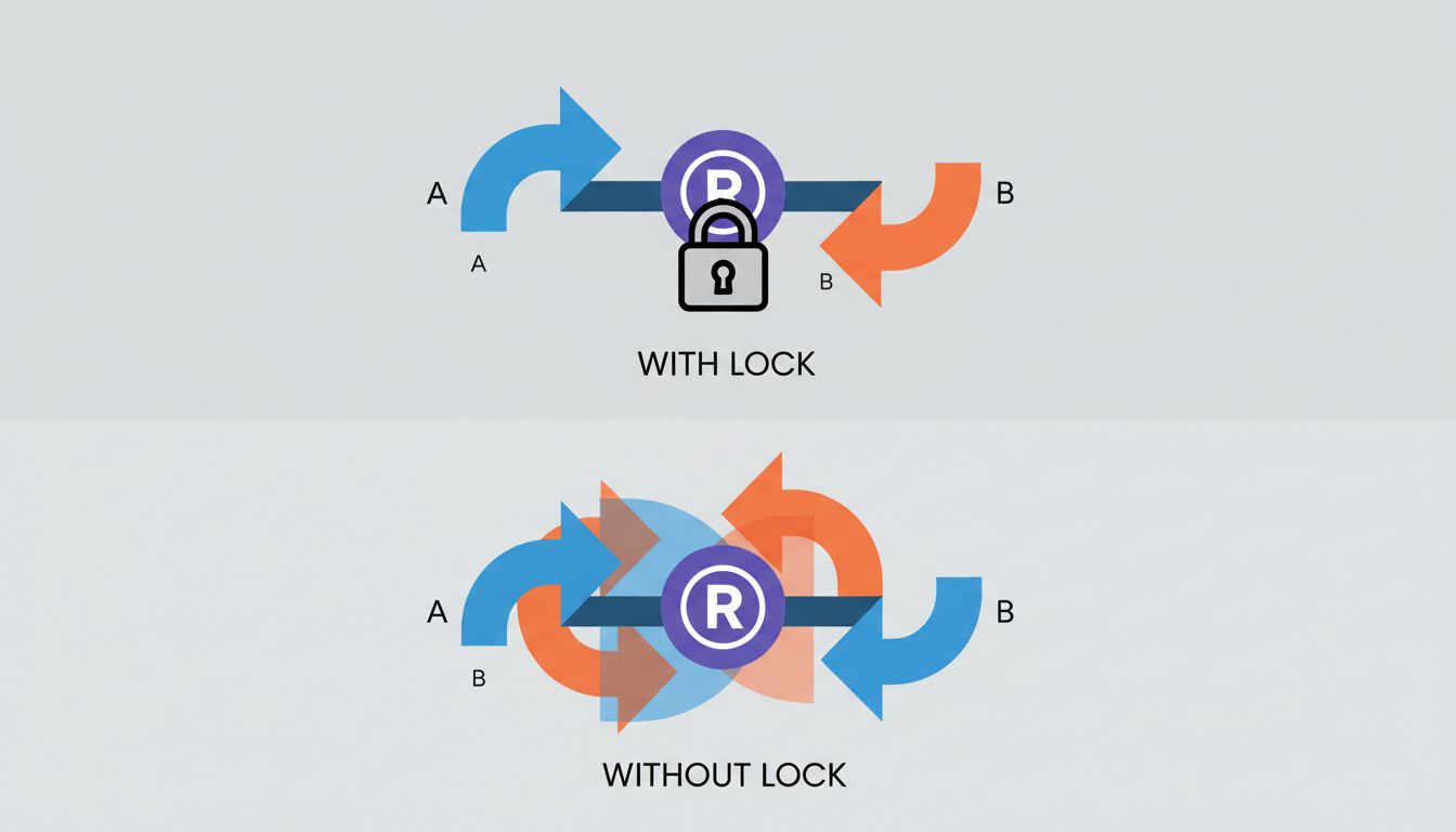 Diagram showing two threads racing on shared state, with and without a synchronization lock