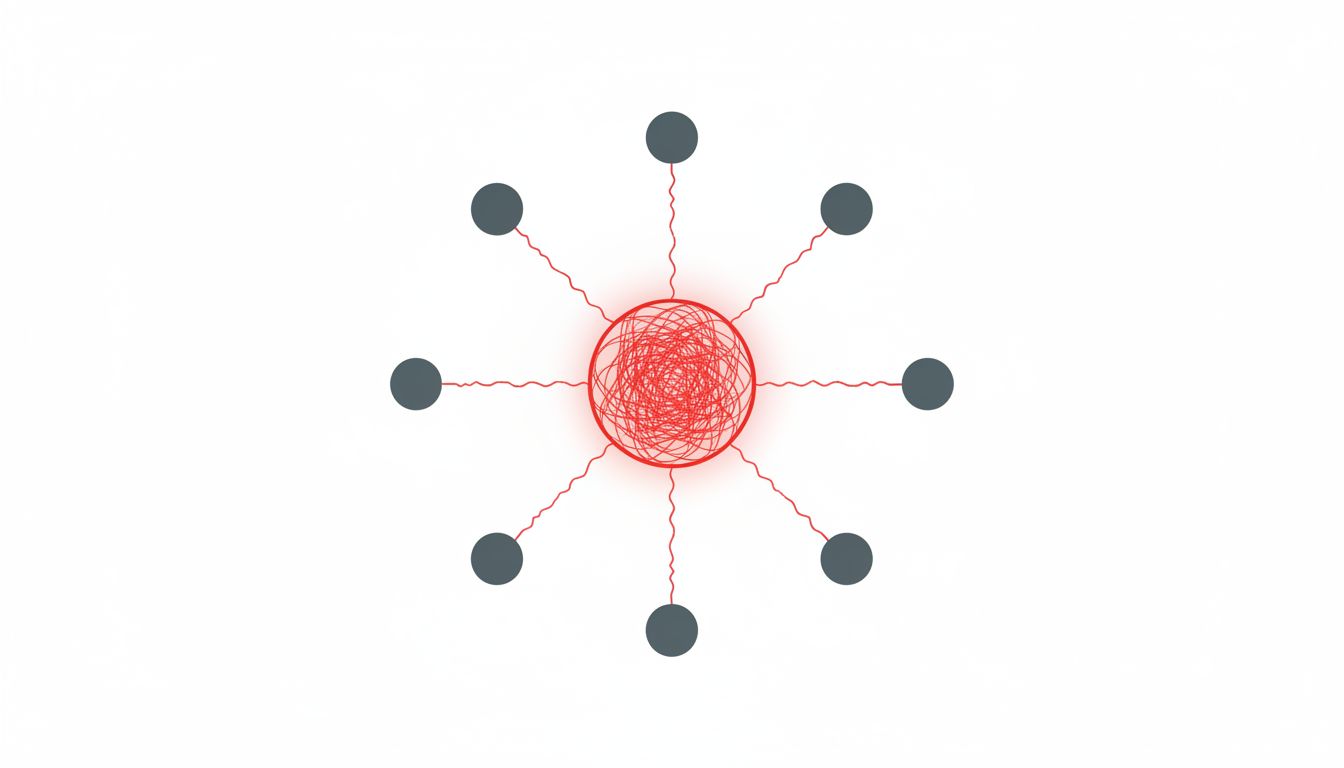 Hub-and-spoke diagram showing all team dependencies flowing through a single engineer