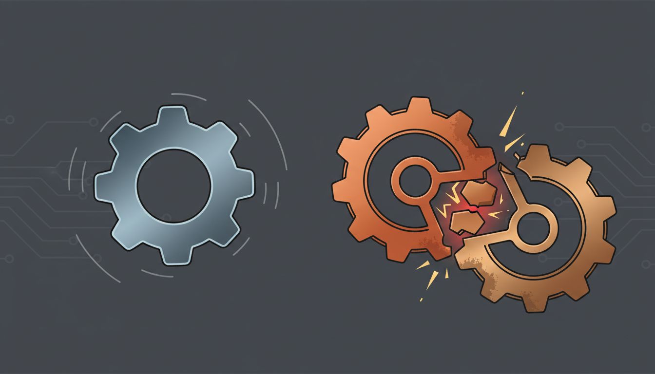 Illustration of two interlocking gears grinding against each other compared to one gear turning freely