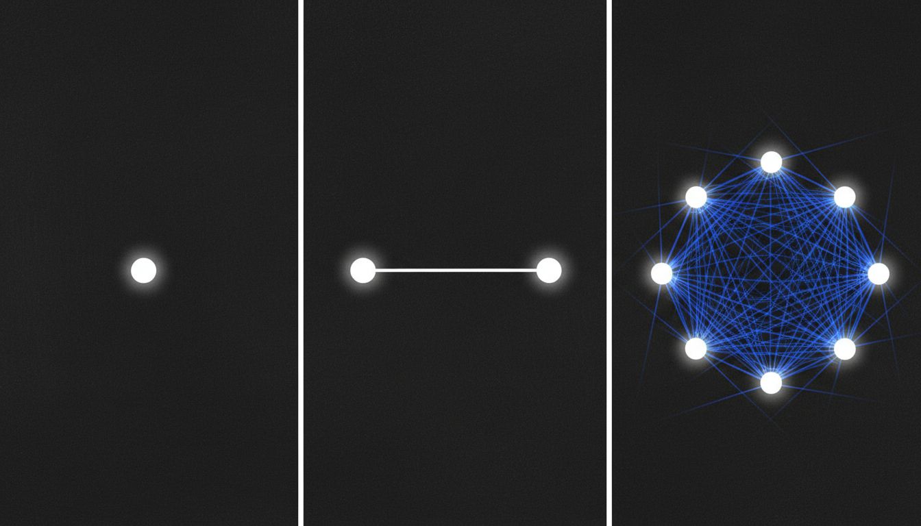Diagram showing how communication channels grow combinatorially as team size increases from one to two to five people