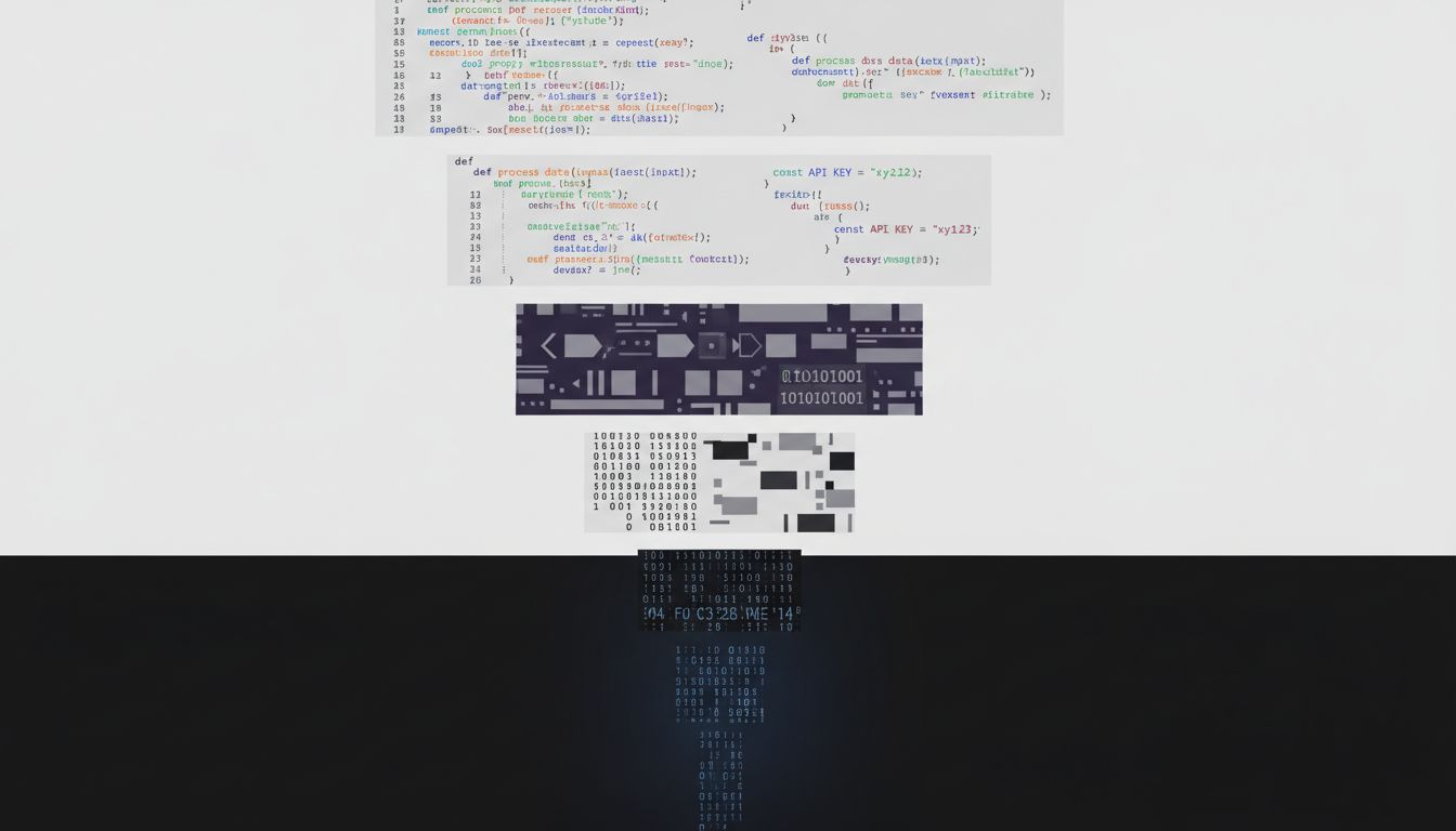 Diagram showing source code transforming through multiple stages into machine code