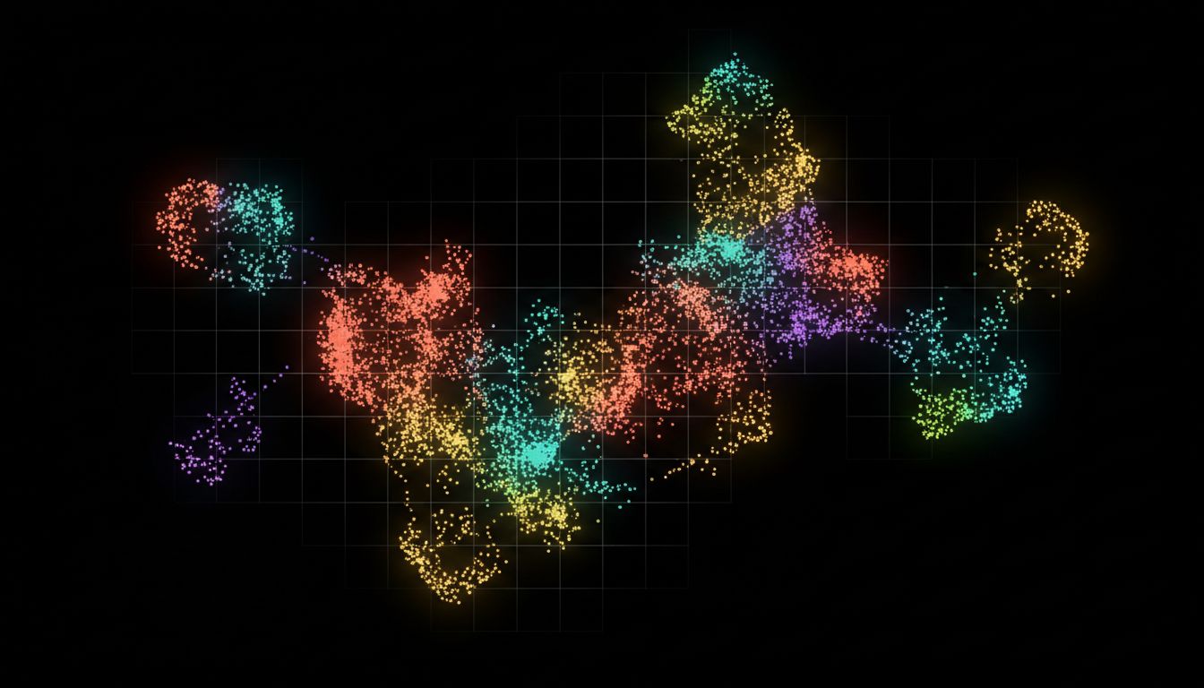 2D visualization of a high-dimensional embedding space showing song clusters grouped by learned similarity