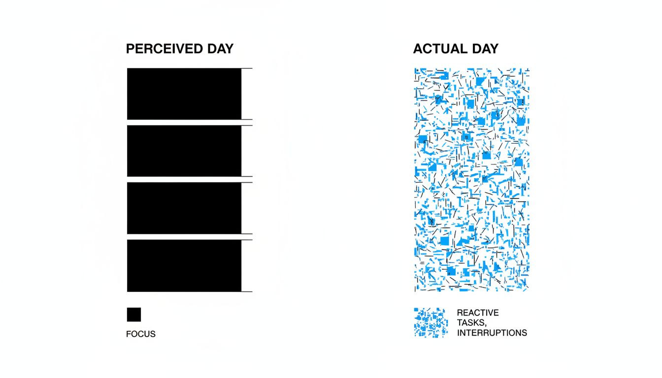 Side-by-side diagram comparing how knowledge workers perceive their workday versus how it actually appears when measured