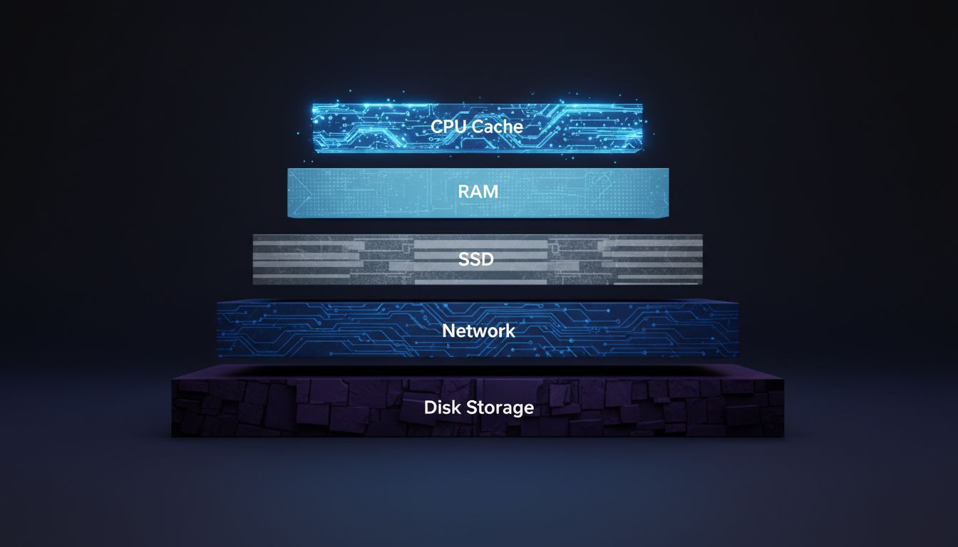 Abstract diagram showing the hierarchy of computer memory latency from CPU cache at top to disk and network at bottom