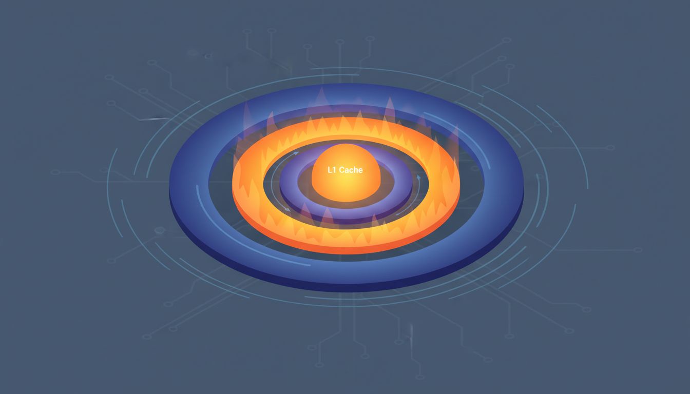 Concentric rings illustrating cache layers from L1 through memory to disk storage