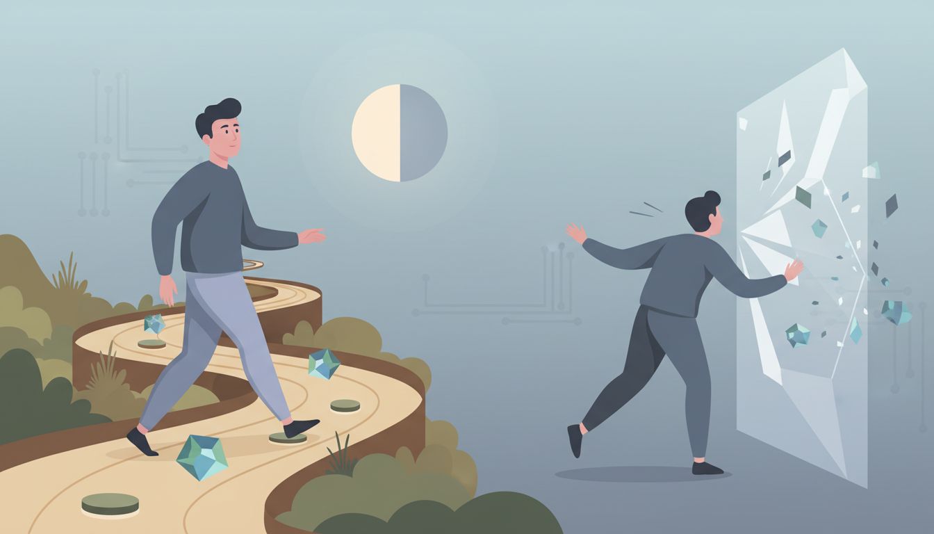 Illustration showing one figure navigating a familiar path while another hits an invisible barrier and turns back