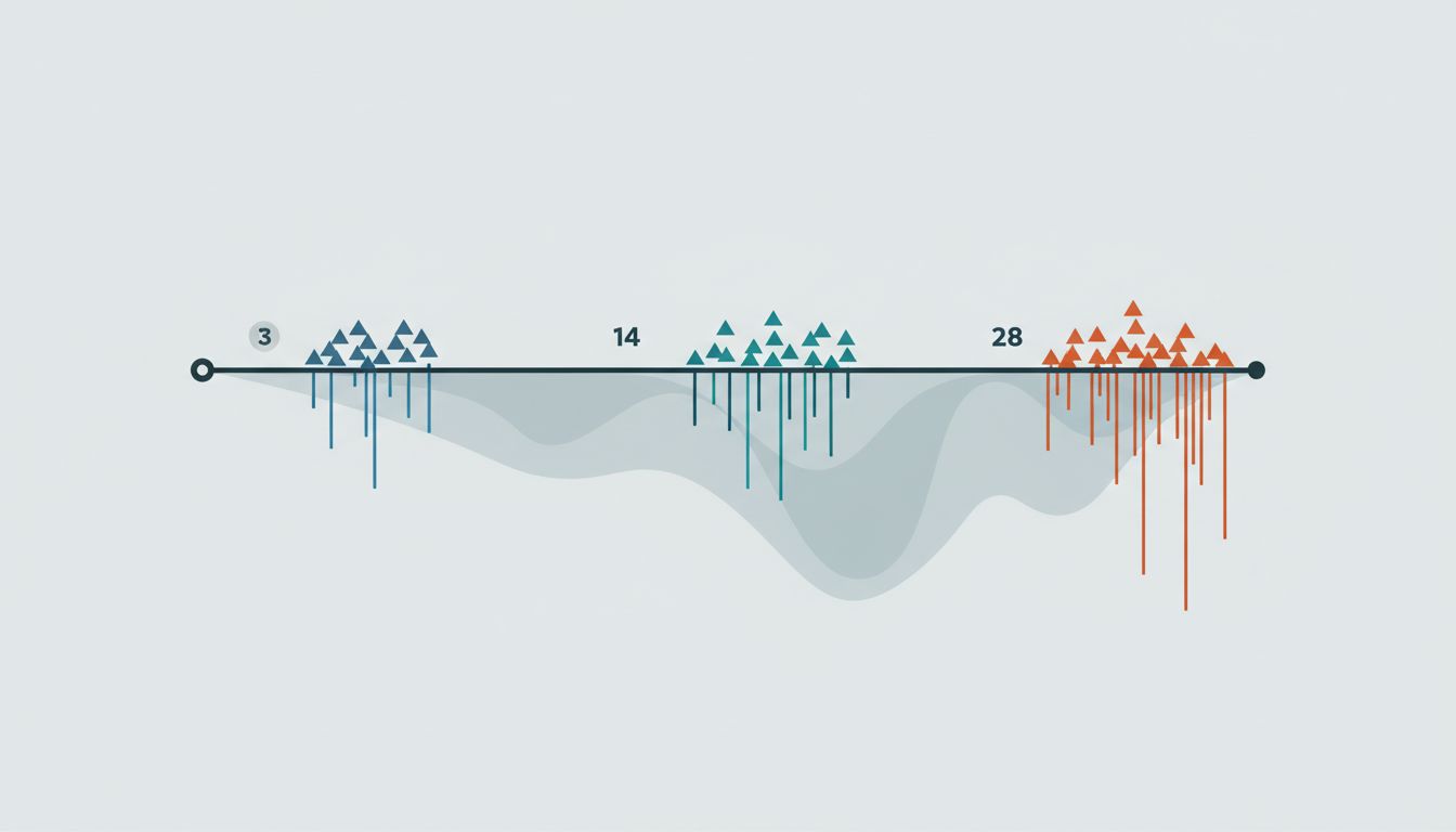 Abstract timeline showing clustered churn events at specific points in the customer lifecycle