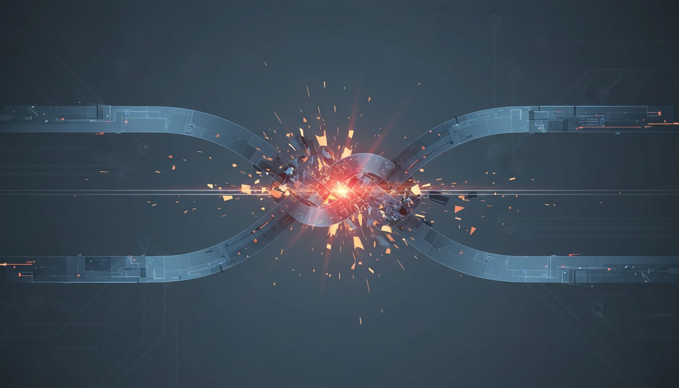 Abstract illustration of two parallel paths intersecting at a single dangerous point, representing a race condition