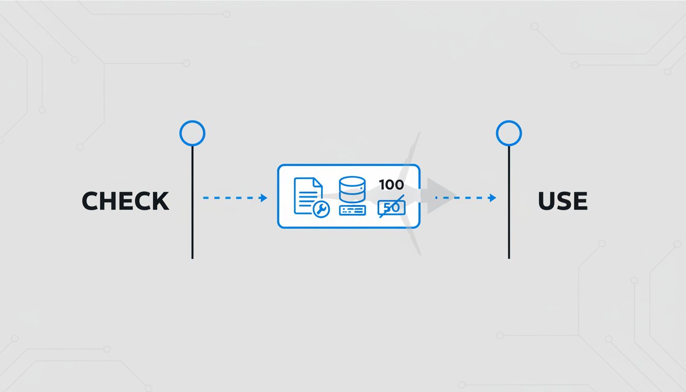 Diagram showing the time-of-check to time-of-use gap, where external state changes between verification and action