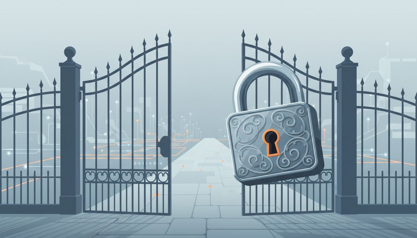 An ornate padlock on a wide-open gate, illustrating security measures that miss the actual point of entry