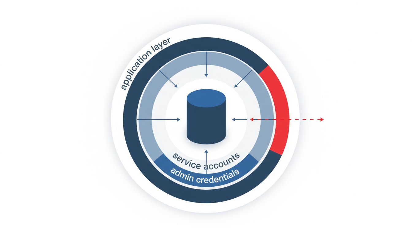 Diagram of layered access control rings with a gap showing where excessive permissions create vulnerability