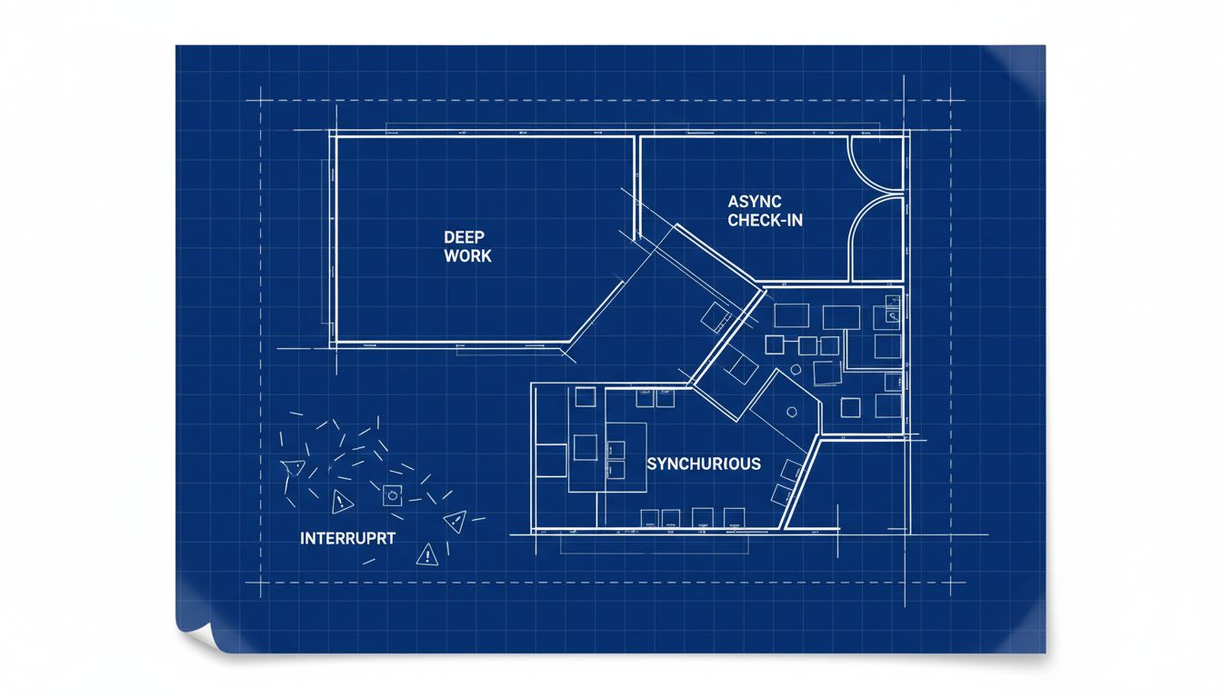 An architectural blueprint illustrating the concept of attention architecture, with zones labeled by type of focus rather than physical spaces