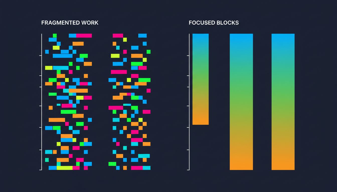 Diagram comparing fragmented attention blocks versus contiguous deep work blocks across the same time period