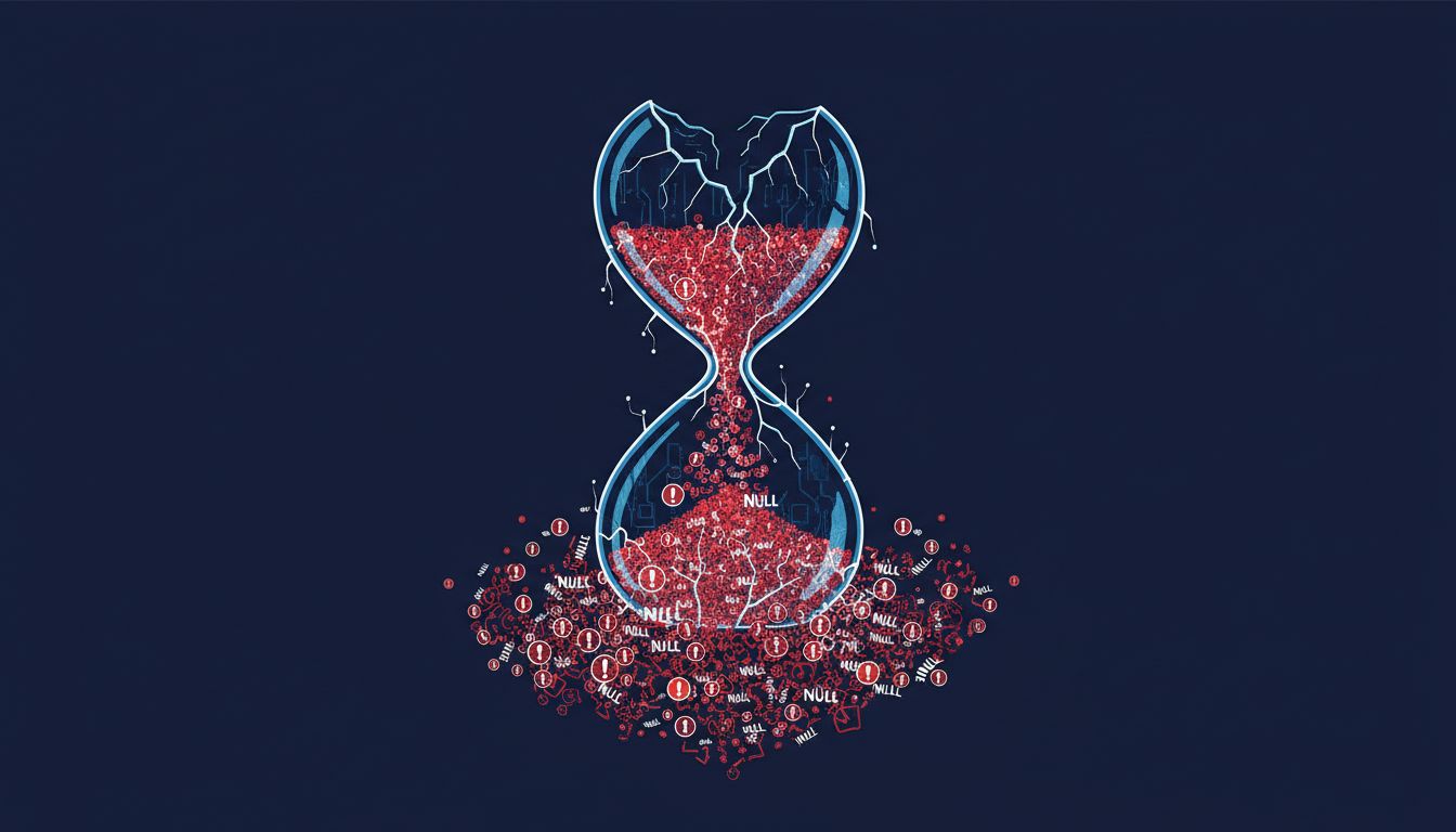 An hourglass with null pointer symbols falling through a crack, representing decades of accumulated software failures
