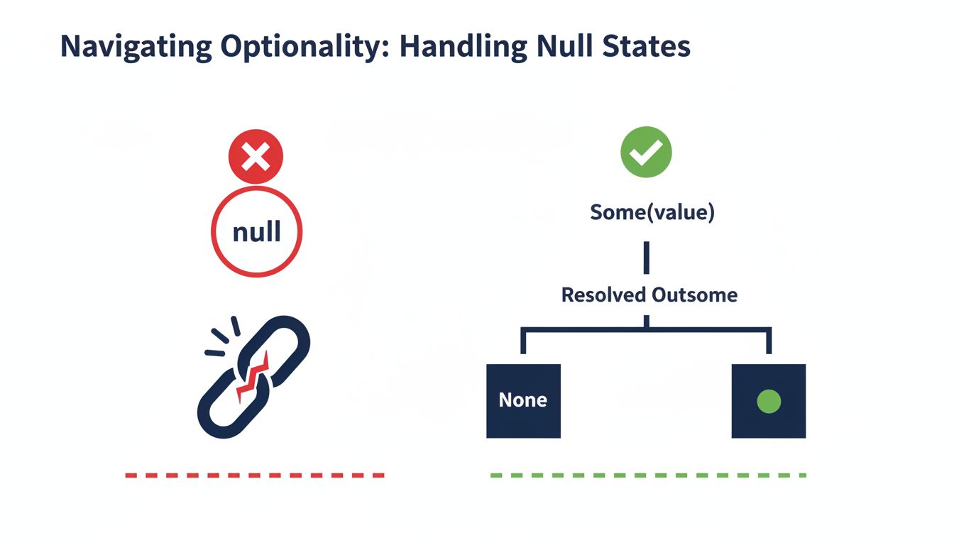 A diagram comparing null references crashing silently versus Option types forcing explicit handling of absent values
