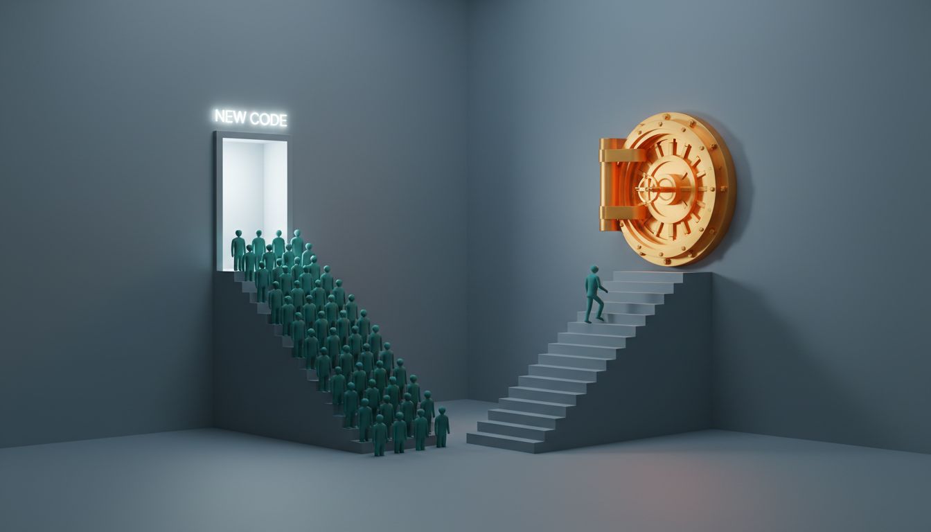 Illustration contrasting crowded path to new software development versus solitary path to high-value legacy systems