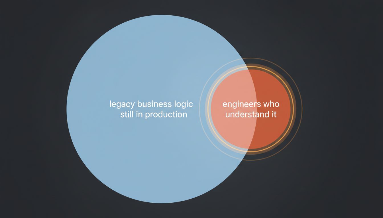 Diagram showing the growing gap between legacy systems in production and the shrinking pool of engineers who understand them