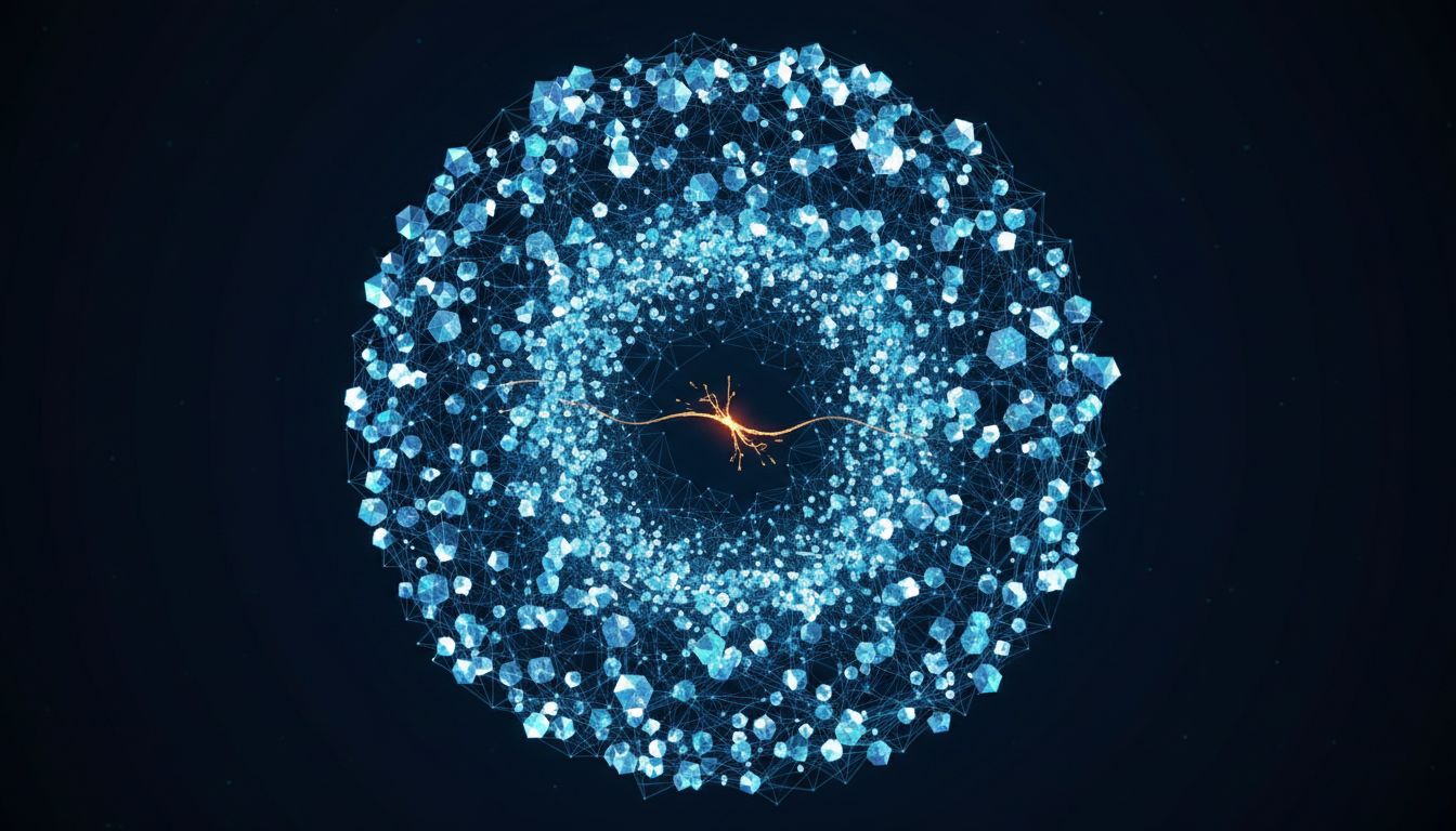 A vast network of interconnected nodes supported by a single fraying thread, representing critical infrastructure dependent on undermaintained open source software