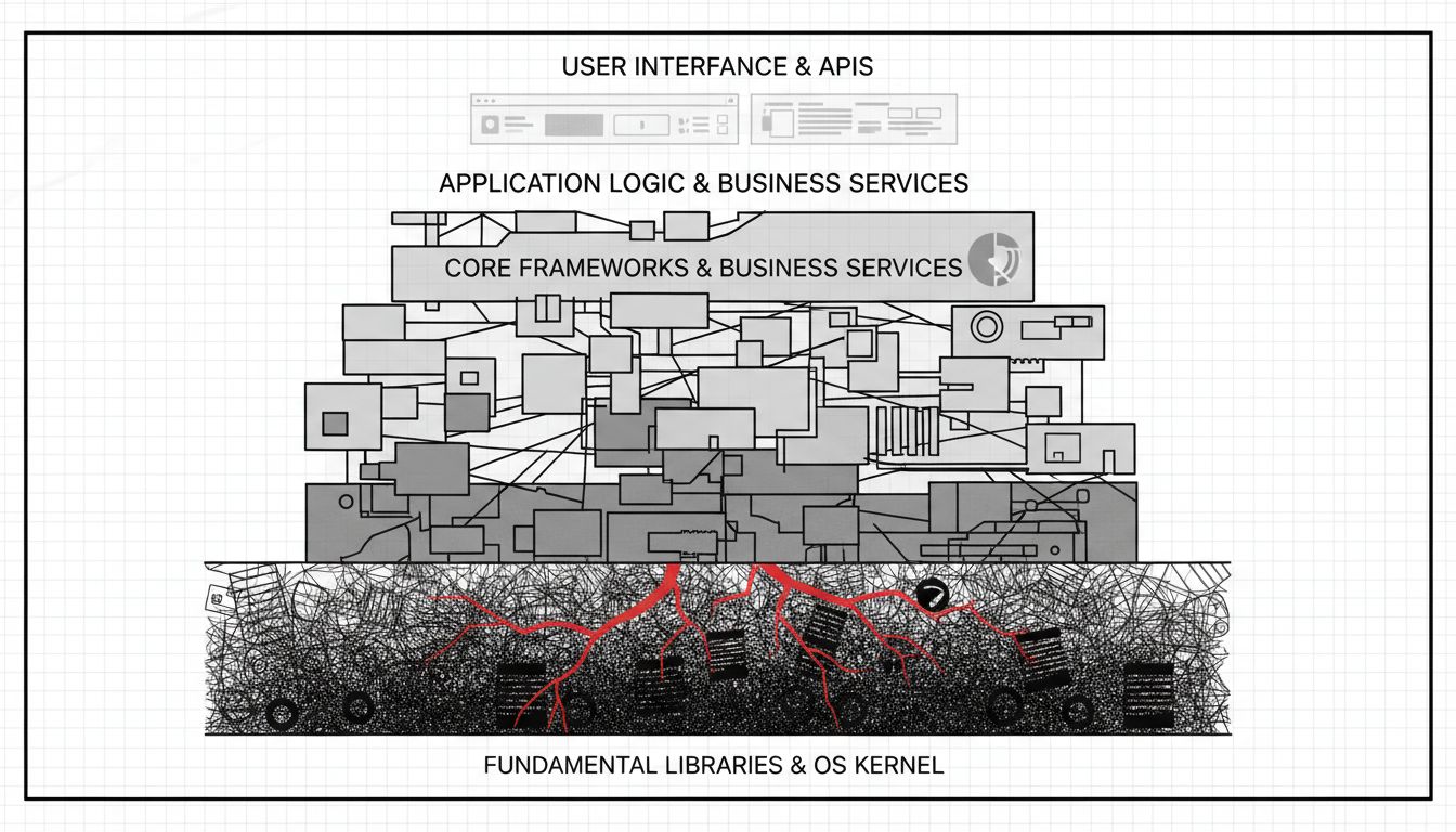 Diagram illustrating software dependency layers with stress fractures at the foundational level