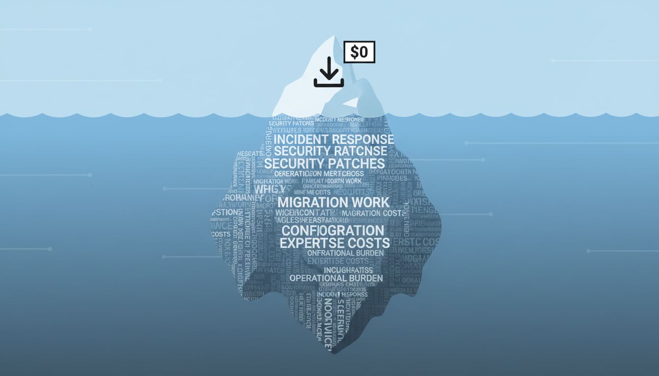Iceberg diagram showing the tiny visible cost of a free open source license above water and the massive hidden operational costs below