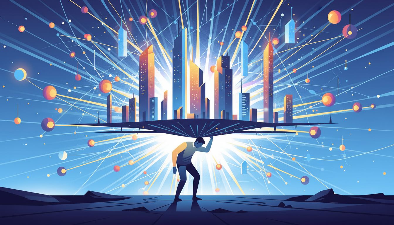 A lone figure supporting a vast glowing network of corporate infrastructure above them