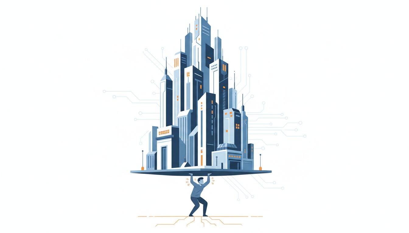 Illustration of a massive corporate building supported by a single small figure underneath