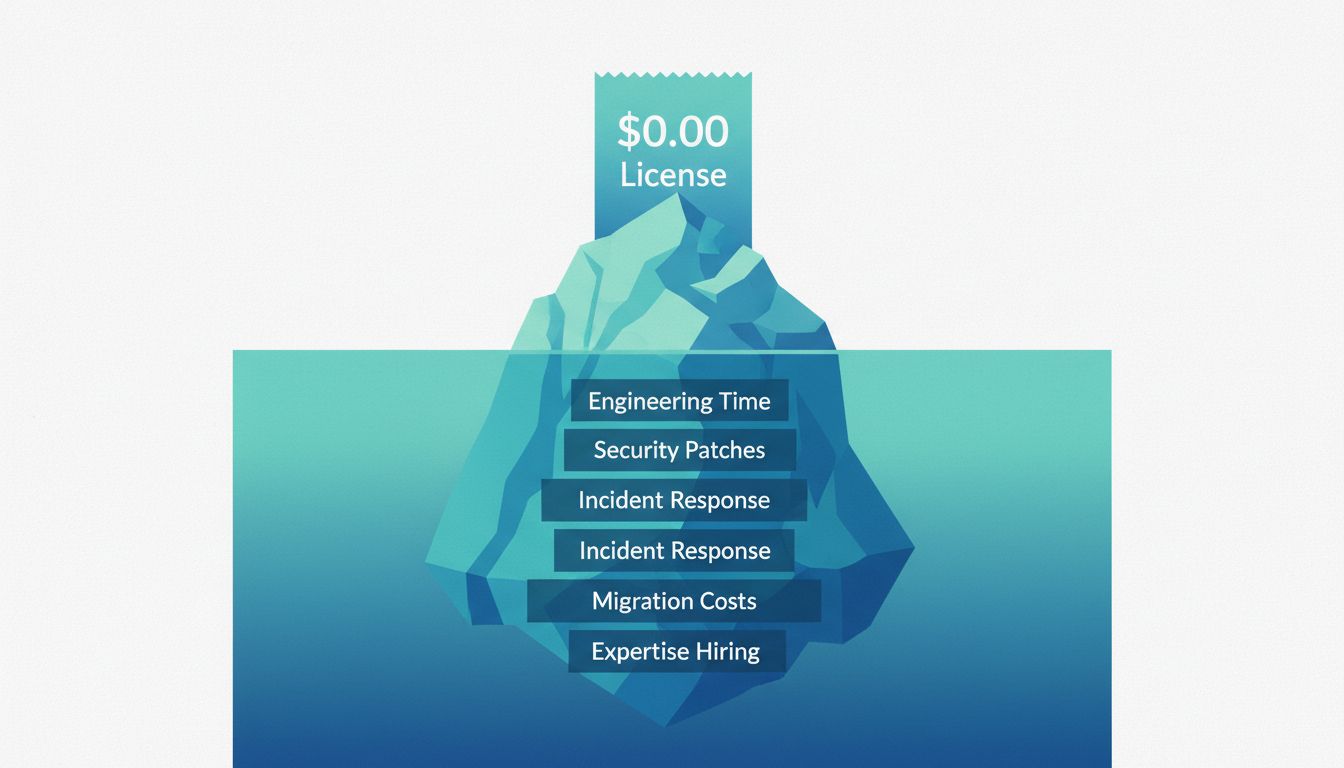 Iceberg diagram showing the small visible cost of open source licensing above water and the large hidden operational costs below