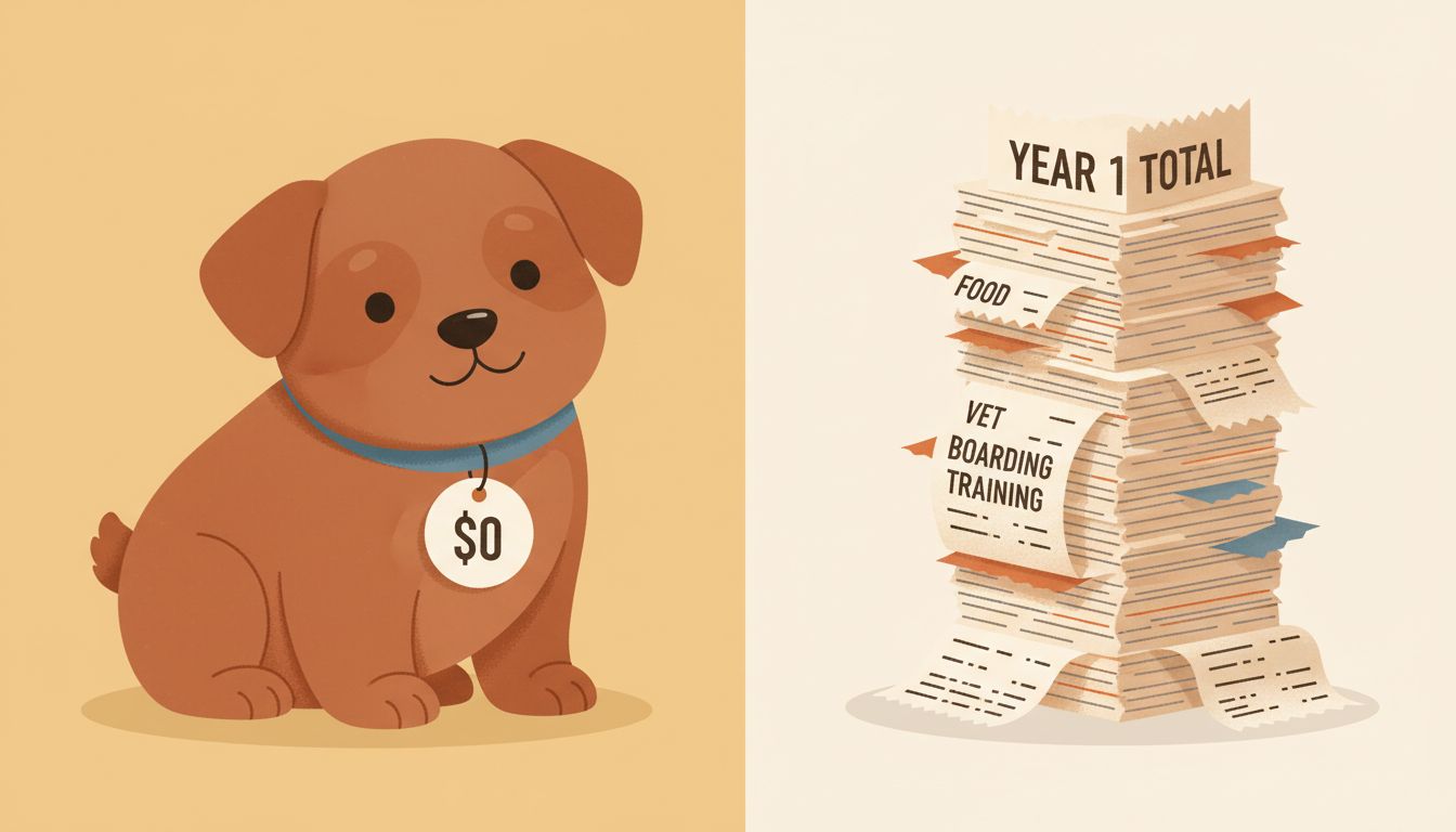 Split illustration comparing a free puppy to its total first-year costs, as an analogy for open source software adoption