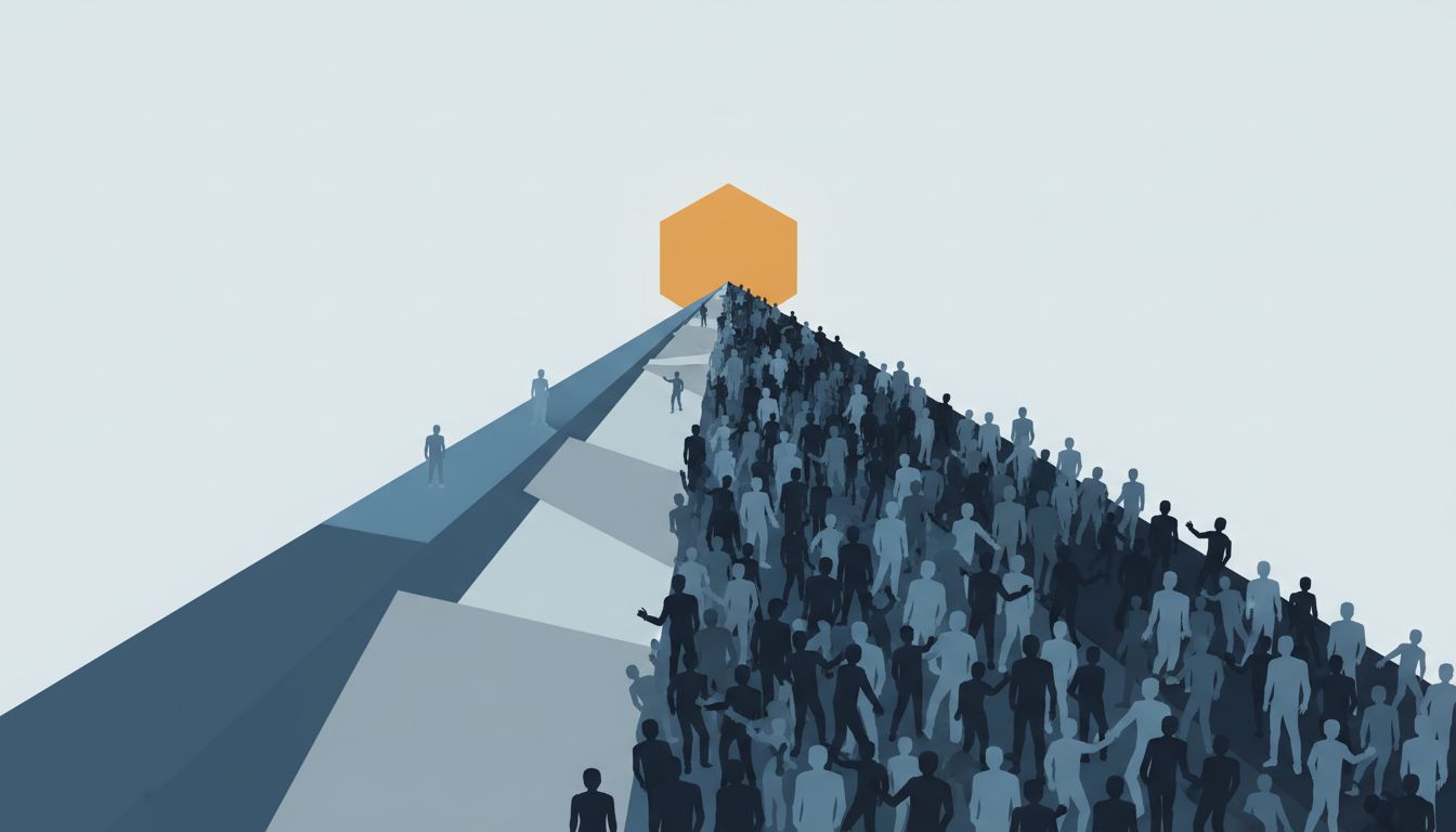 Abstract illustration contrasting a refined narrow path with a crowded wide path, both leading to the same platform destination
