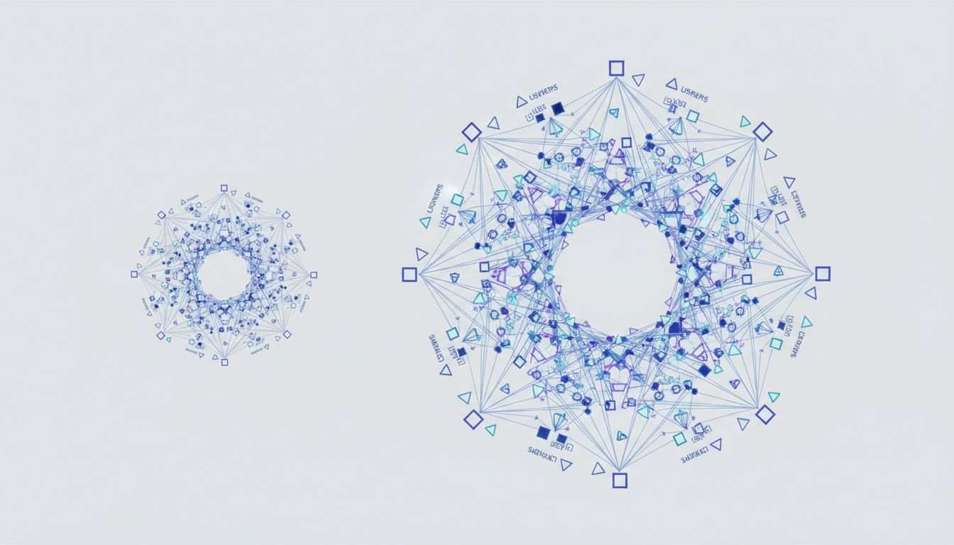 Network diagram showing two platform ecosystems of unequal size, with the larger one having far denser connections