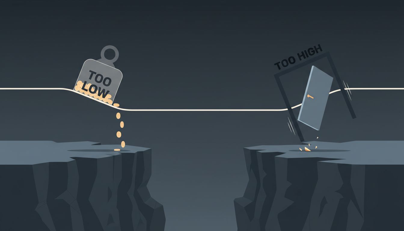 A tightrope with two competing weights on either end, representing the pricing tension between too low and too high
