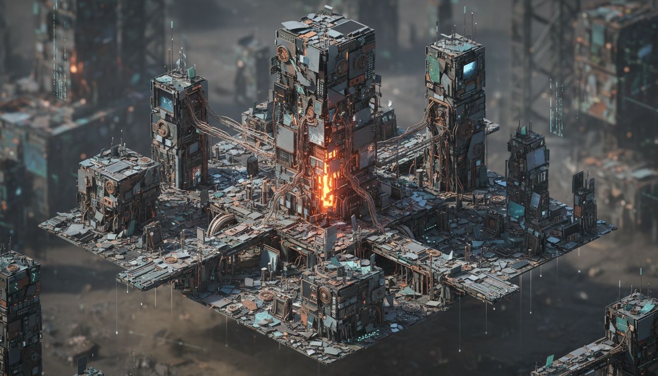An architectural blueprint assembled from fragments of broken and discarded objects