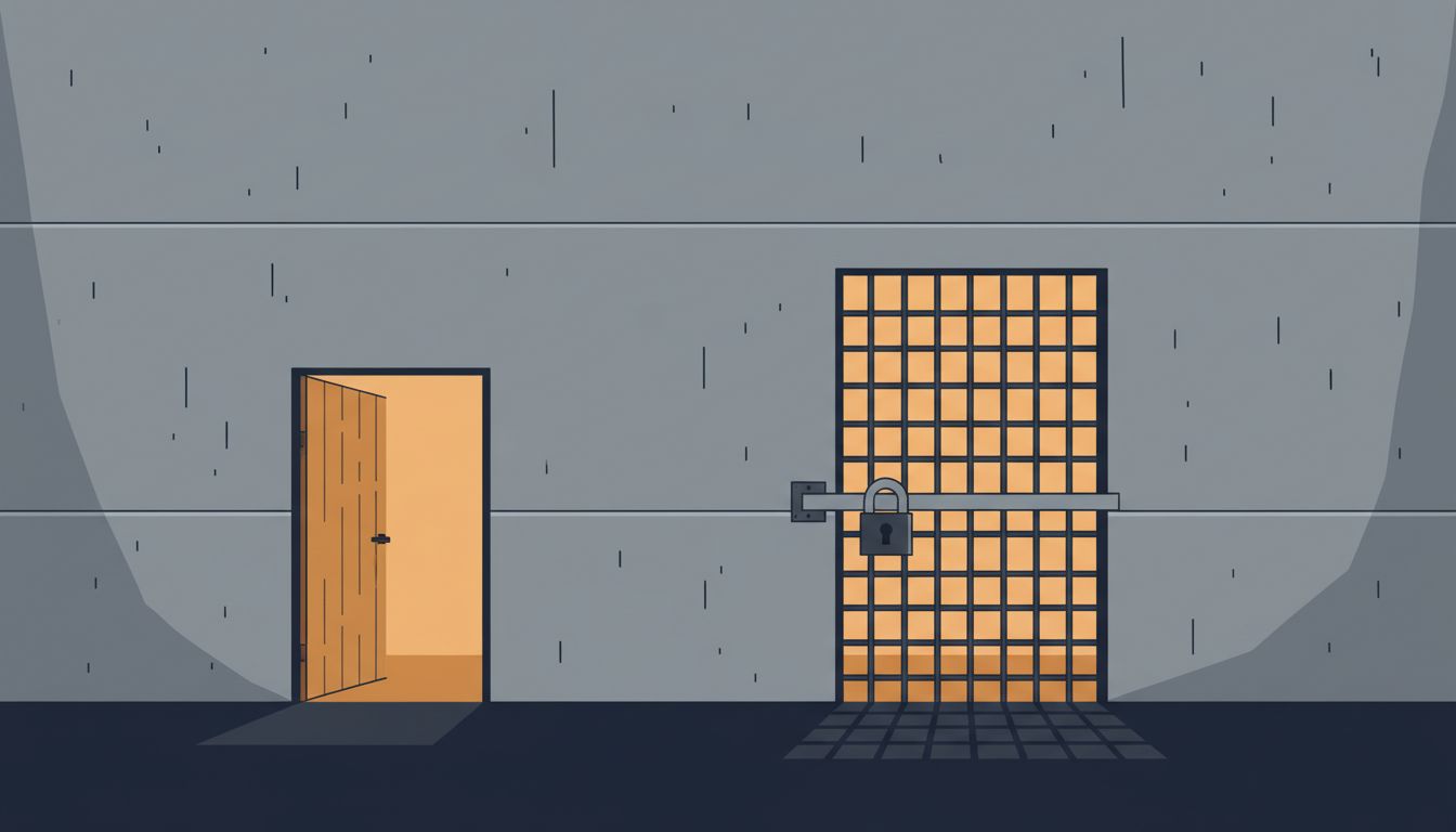 A concrete wall with a small side door slightly ajar, revealing warm light beyond