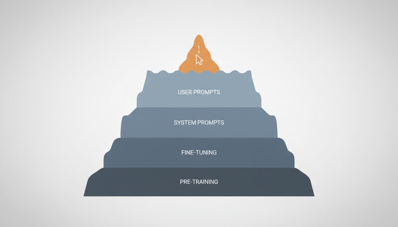 Iceberg diagram showing the small visible portion of user prompting above the waterline, with much larger hidden layers representing fine-tuning and pre-training below